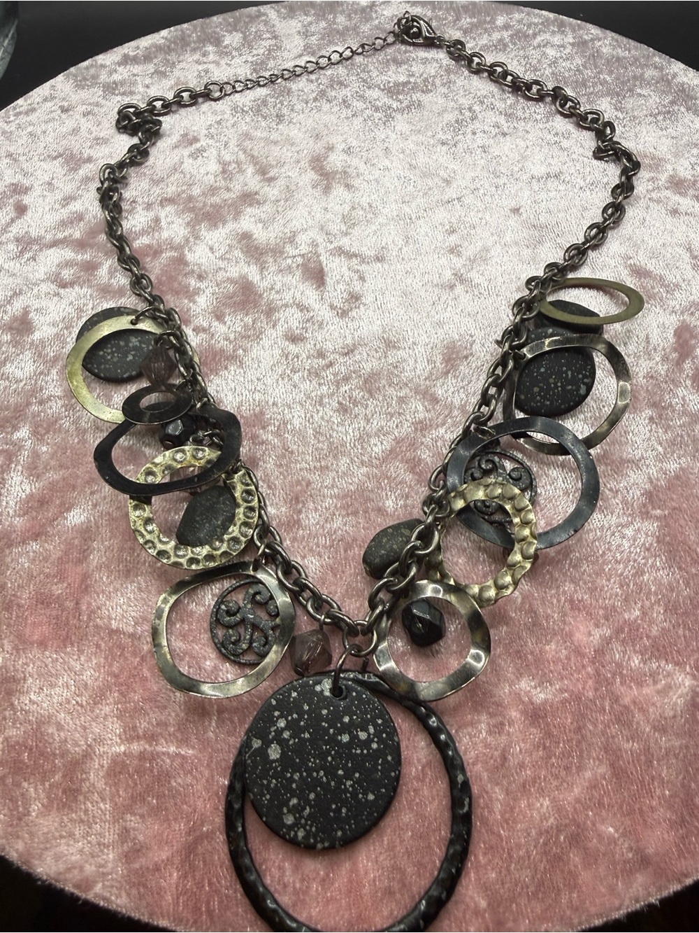 Mixed Metal Hammered Ring Disc Statement Necklace